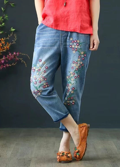 Blue Embroidered Denim Crop Pants Summer
