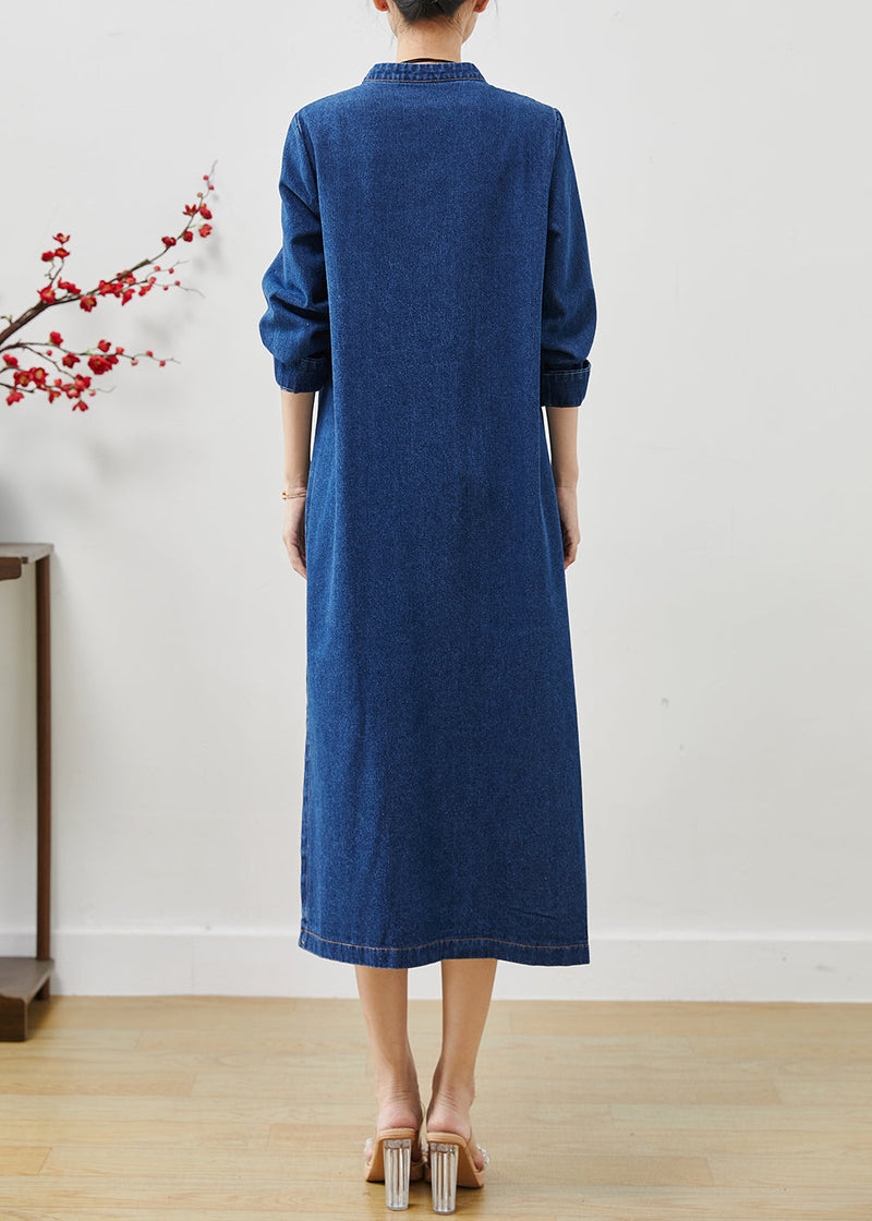 Art Blue Embroidered Chinese Button Denim Trench Fall