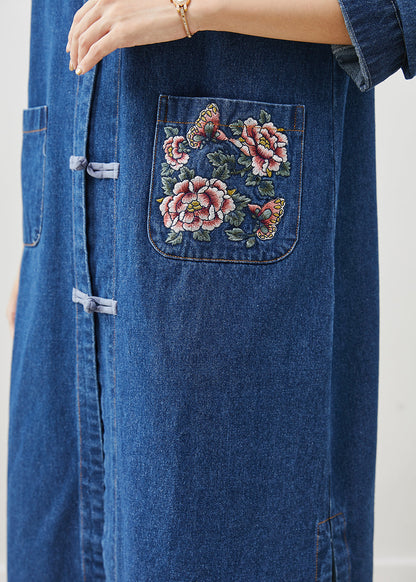 Art Blue Embroidered Chinese Button Denim Trench Fall