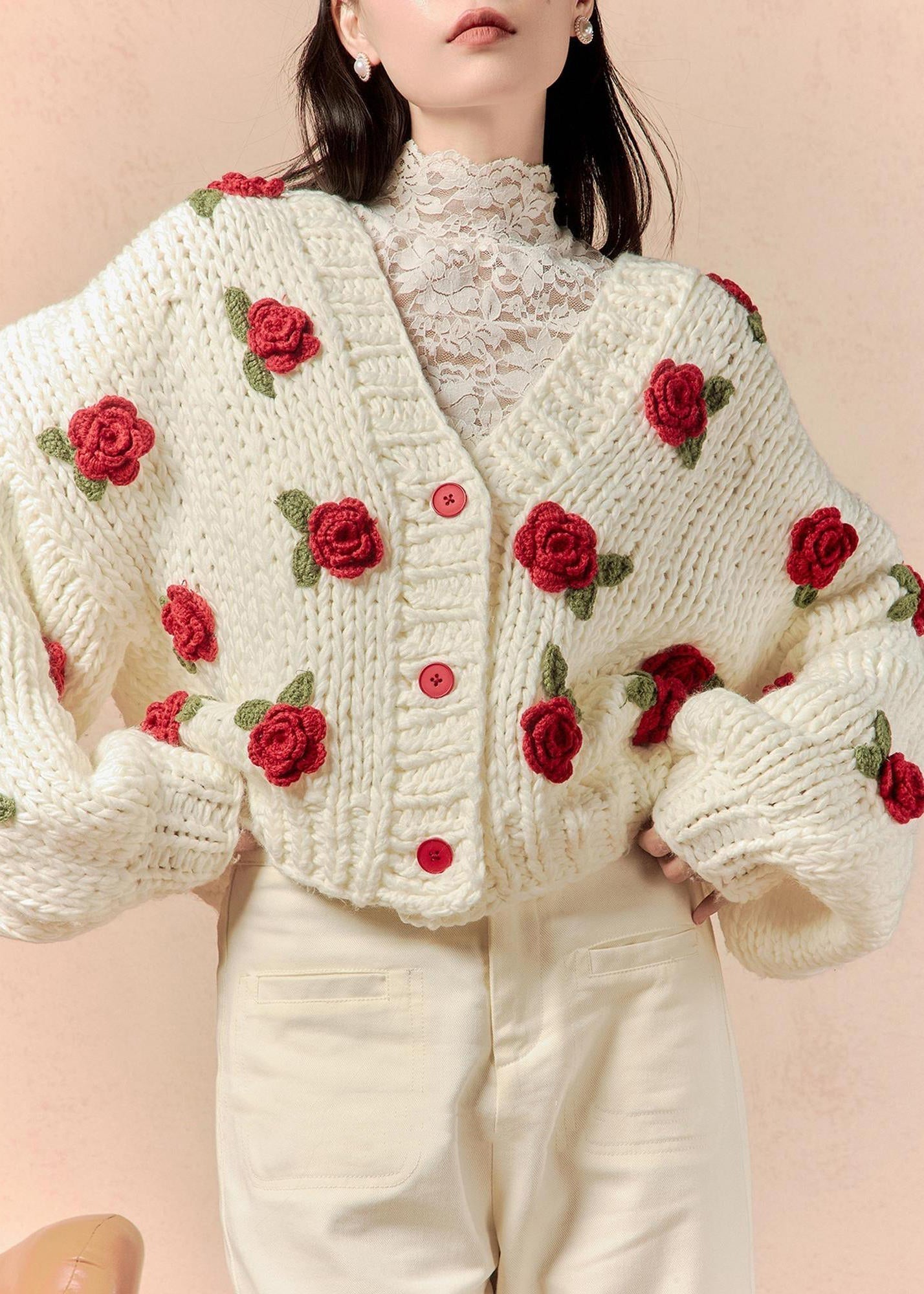 White V Neck Hollow Out Cotton Knit Cardigans Spring