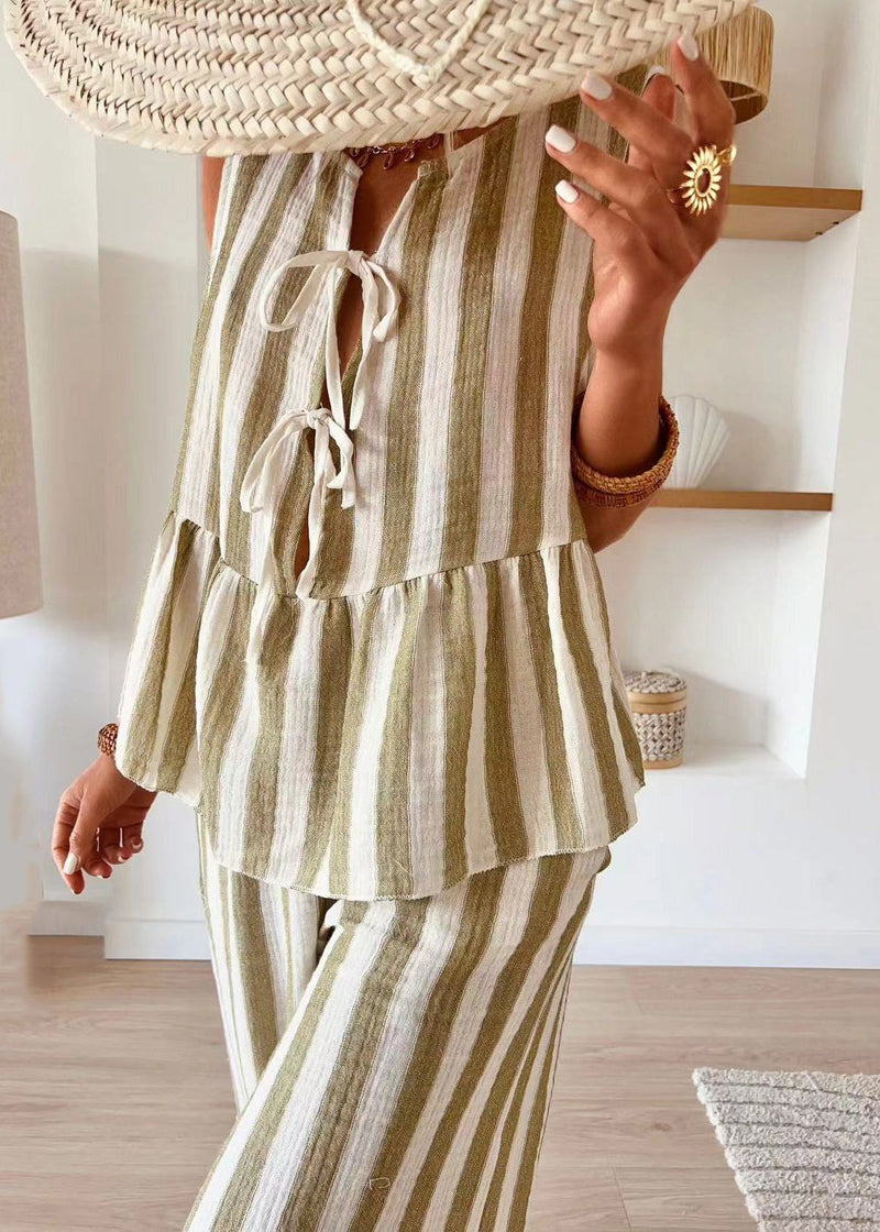 Pink Striped O-neck Top and Wide Leg Pants Two Piece Set Summer