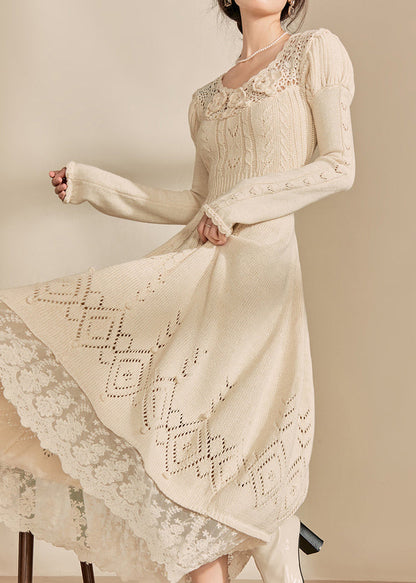 Art Apricot O-neck Patchwork Hollow Out Cotton Knit Maxi Dress Fall