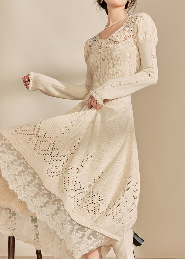 Art Apricot O-neck Patchwork Hollow Out Cotton Knit Maxi Dress Fall