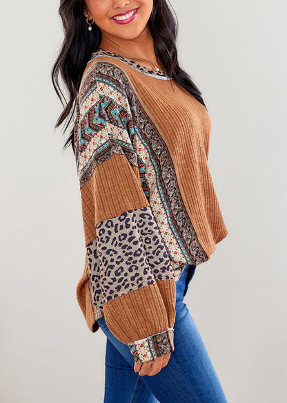 Loose Brick Red O Neck Leopard Patchwork Cotton Top Fall