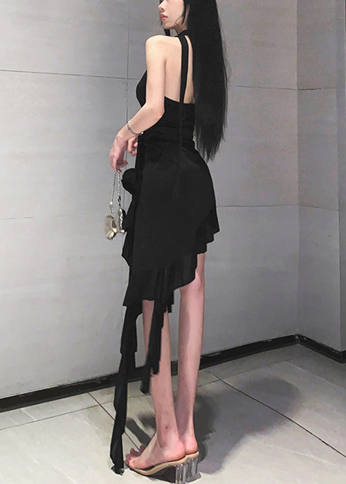 Black V Neck Lace Up Cotton Mid Dress Sleeveless