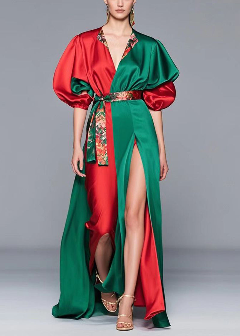 Colorblock Cinched Patchwork Side Open Silk Full Dress Summer