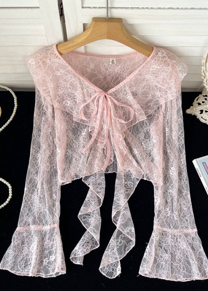 Pink Ruffled Lace Up Lace Tops Flare Sleeve
