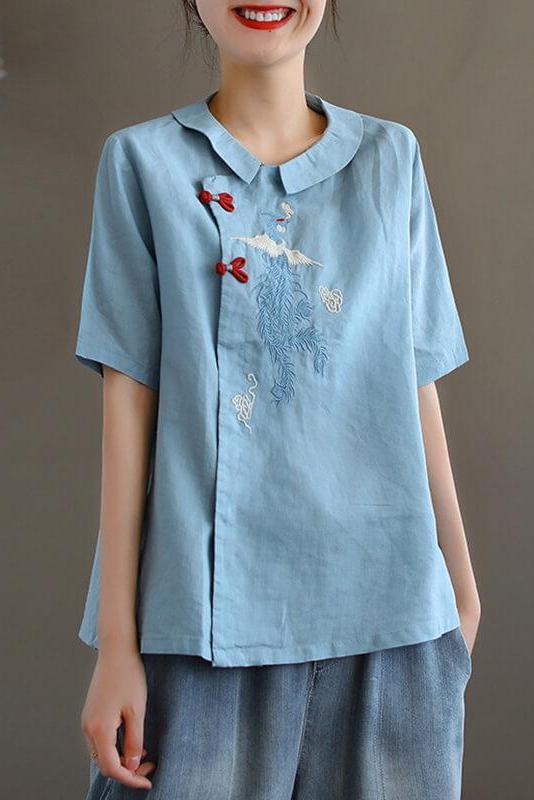 Embroidered Turn Down Collar Linen Retro T-shirt