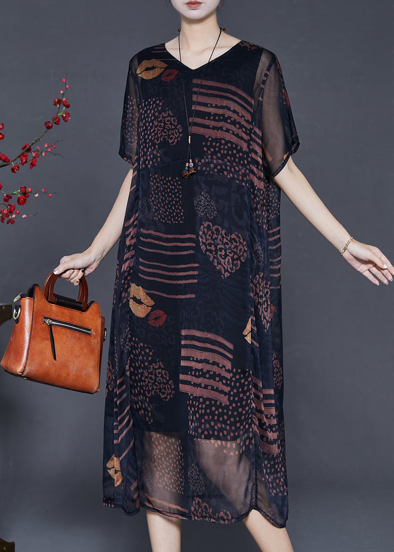 Black Oversized Print Chiffon Long Dress Summer