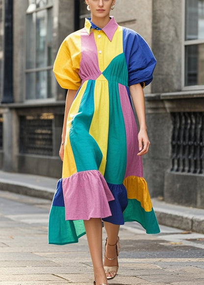 Colorblock Puff Sleeve Patchwork Cotton Party Dress Summer