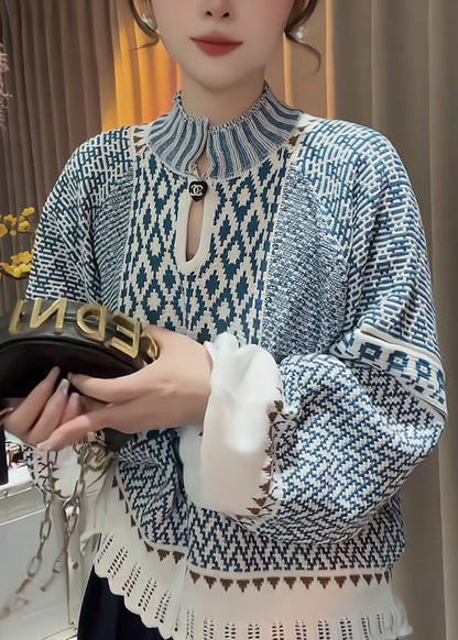 Blue Stand Collar Print Knit Sweater Fall