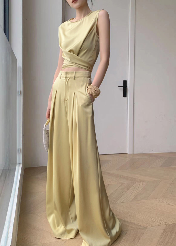 French Yellow O-neck Silk Top and Wide Leg Pants Two Pieces Set Sleeveless
