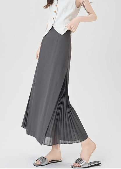 Classy Grey Patchwork Wrinkled Chiffon a Line Skirt Fall