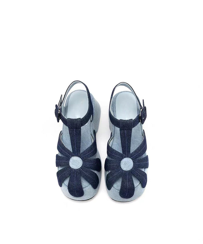 Blue Wedge Denim Fabric Splicing Hollow Out Sandals