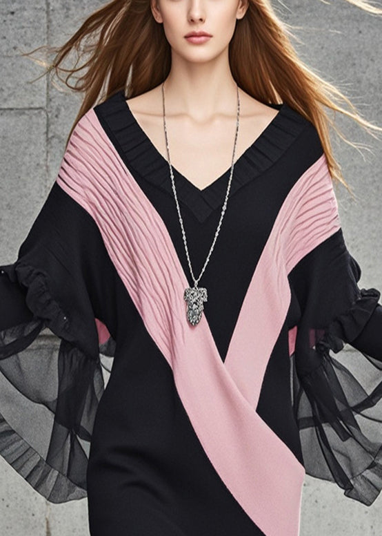 Black V Neck Patchwork Tulle Knit Sweater Dress Fall