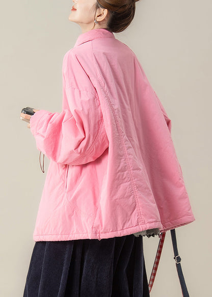 Pink Peter Pan Collar Pockets Cotton Filled Shirts Coats Winter