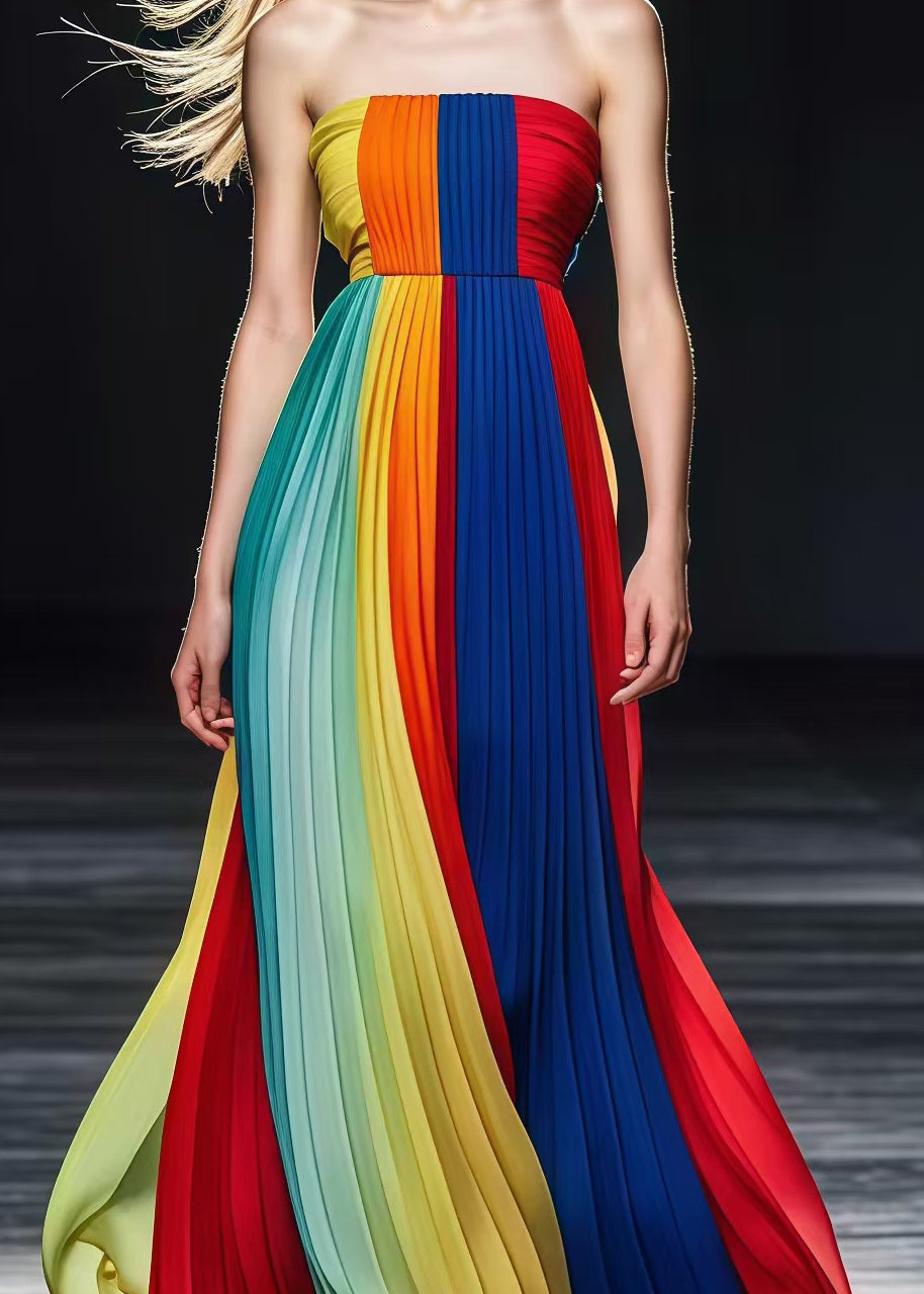 Colorblock Bustier Top Silm Fit Chiffon Strapless Pleated Dresses Summer