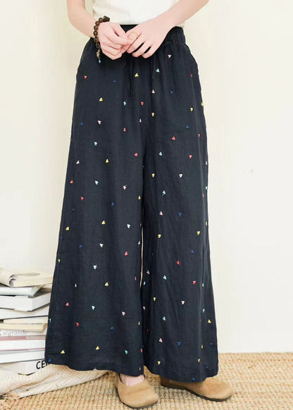 Black Embroidered Linen Wide Leg Pants Summer
