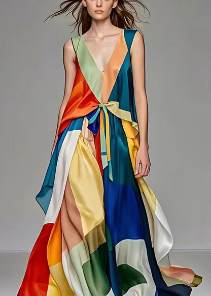 V Neck Lace Up Patchwork Silk Long Dresses Sleeveless
