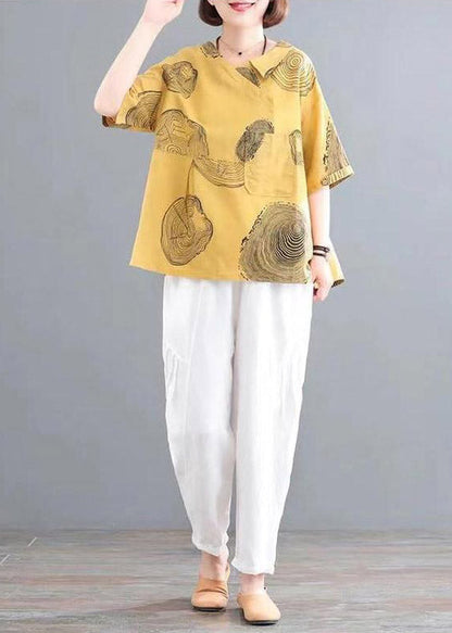 Retro Yellow O-neck Print Top and Crop Pants Two Pieces Set Summer