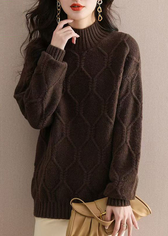Beige Half Hign Neck Thick Knit Sweater Tops Fall