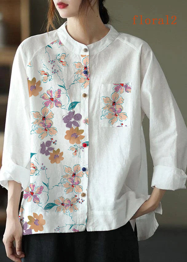 Modern Pink Flower Loose Patchwork Pockets Fall Long Sleeve Blouse Top