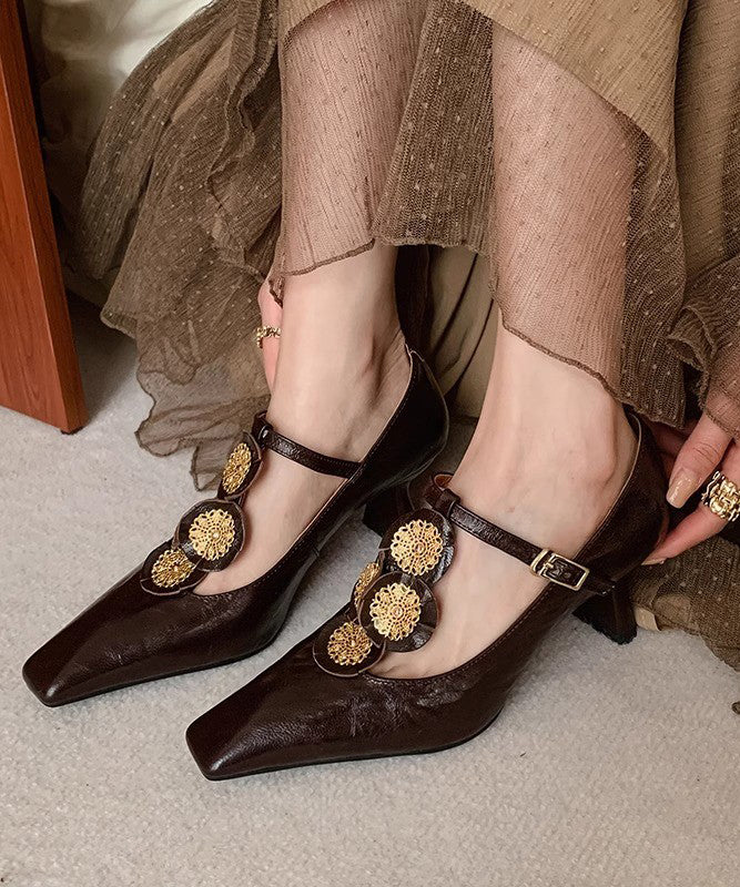 Gold Buckle Strap Decorated Splicing Heels Shoes
