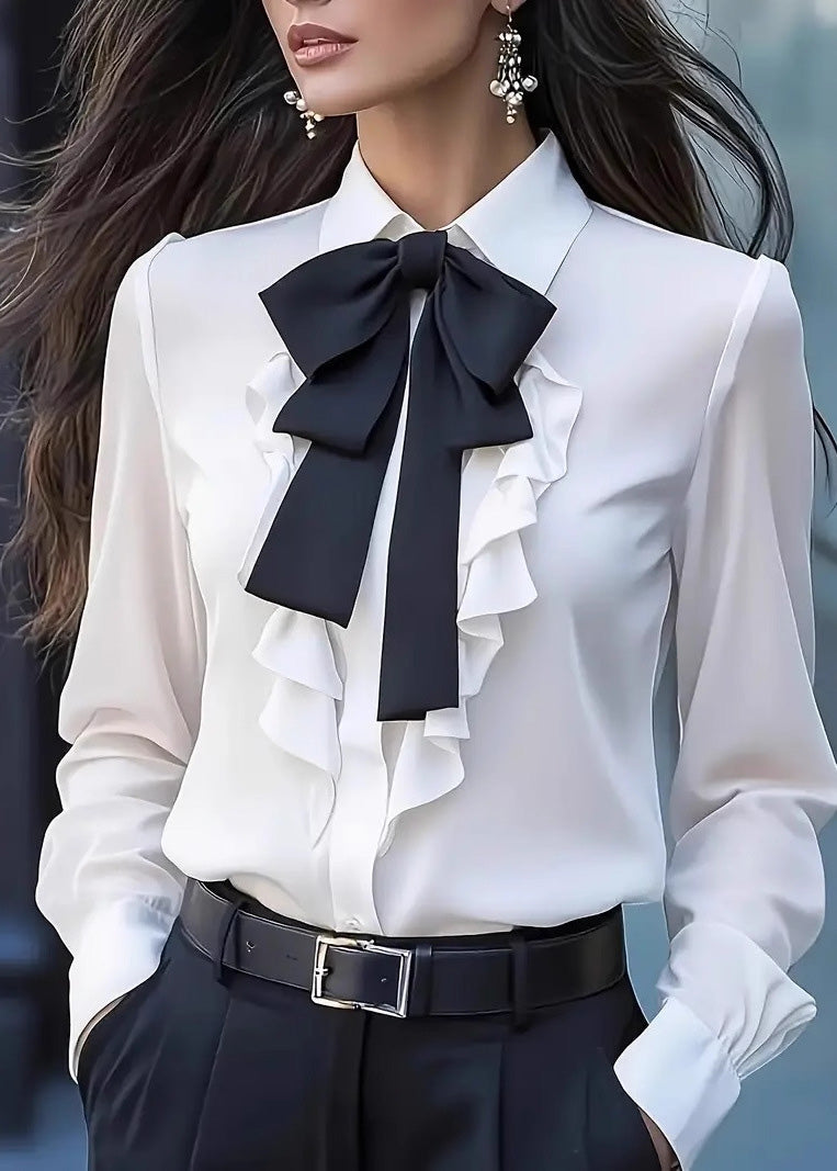Stylish White Bow Ruffled Chiffon Shirts Top Spring
