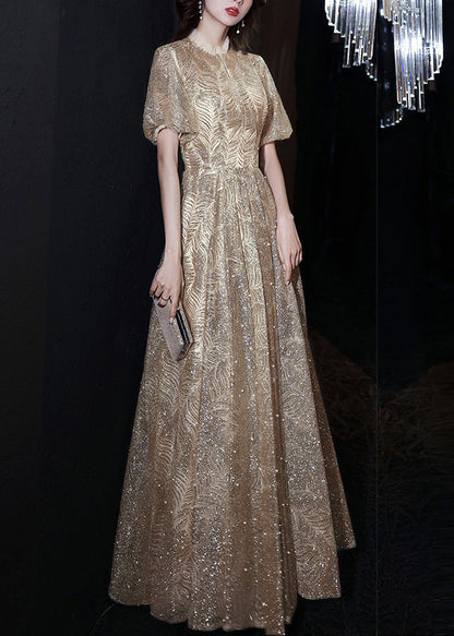 Gold Ruffled Nail Bead Long Dresses Puff Sleeve