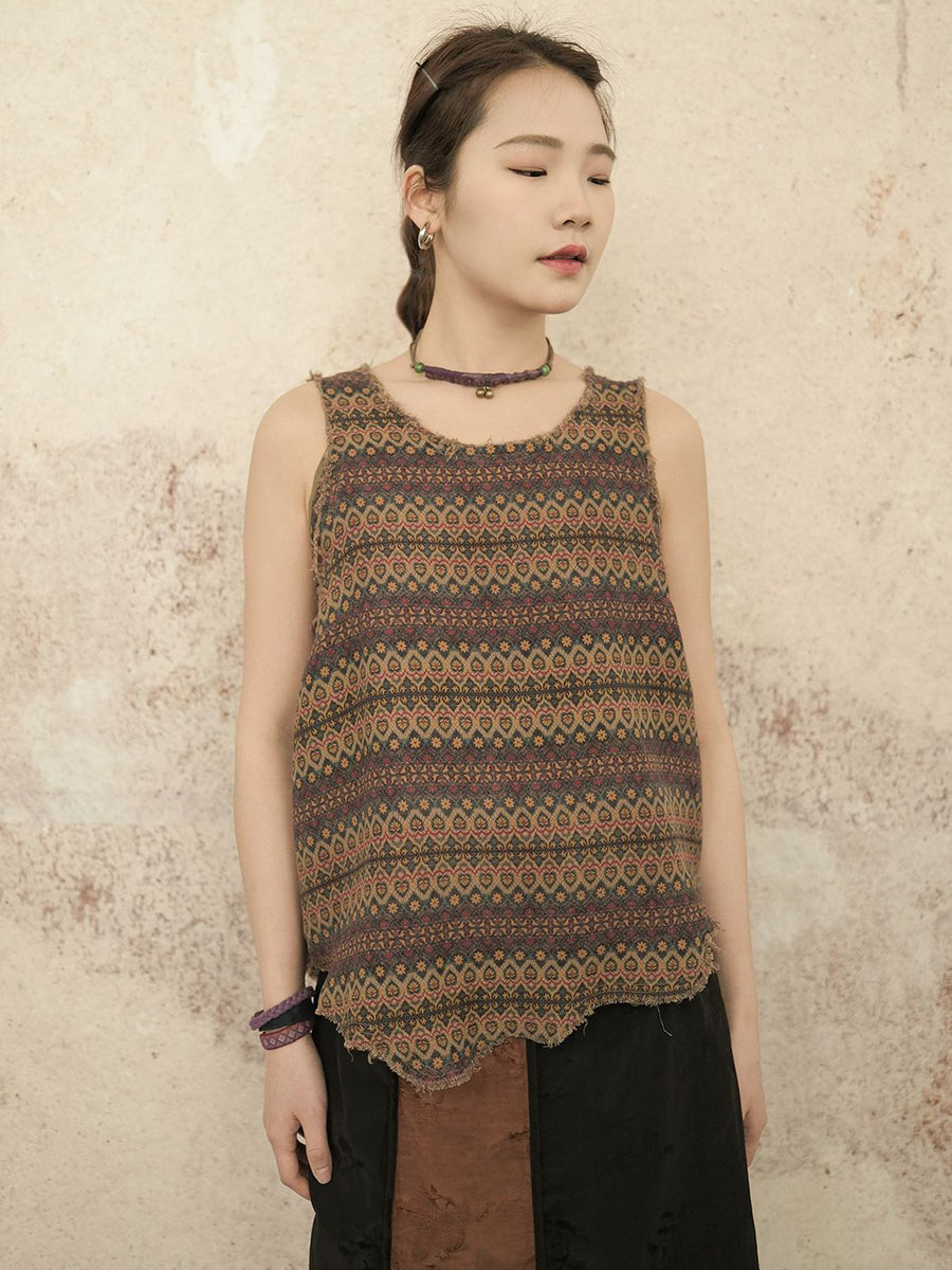 Retro Worn Irregular Hem Geometric Vest