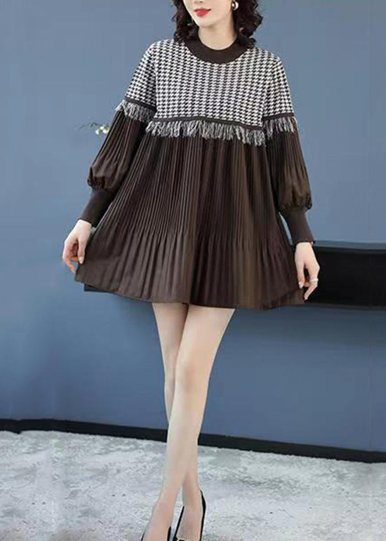 Coffee O-neck Tasseled Wrinkled Patchwork Cotton Mid Dress Lantern Sleeve