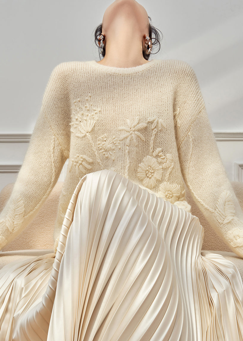Handmade Beige O Neck Cozy Knit Sweater Tops Fall