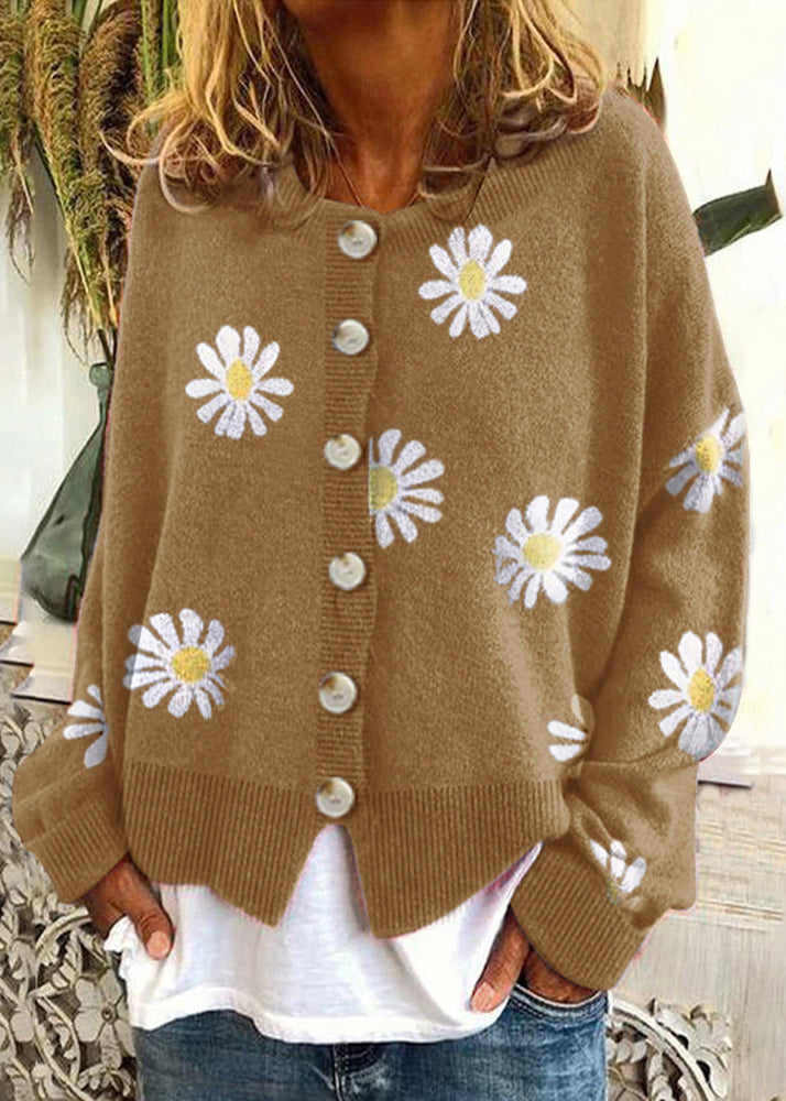 Loose Orange Dotted Daisy Embroidered Button Knit Coat Fall