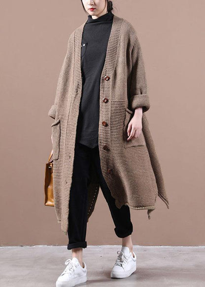 Chocolate V Neck Pockets Fall Long Sweater Coat