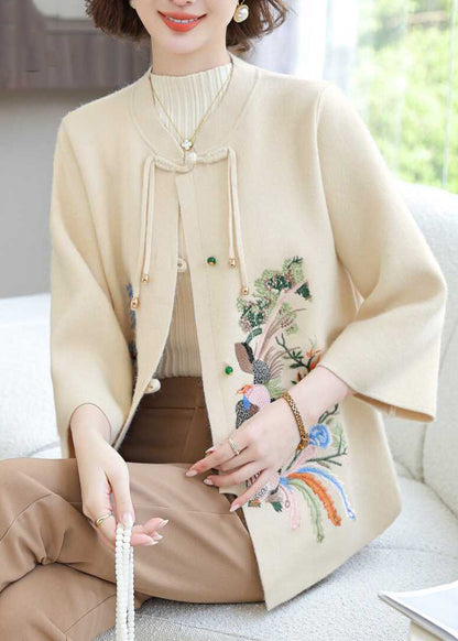Stylish Beige O-neck Patchwork Wool Knit Cardigans Spring