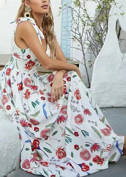 White V Neck Print Chiffon Long Dresses Sleeveless