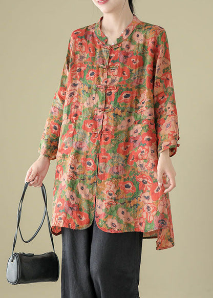 Stand Collar Chinese Button Print Linen Shirts Coat Long Sleeve
