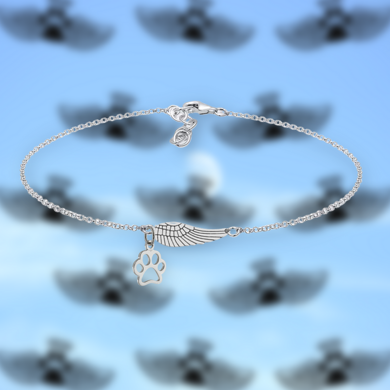 Silver Memorial Bracelet With Angel Wing & Paw Print | Handmade