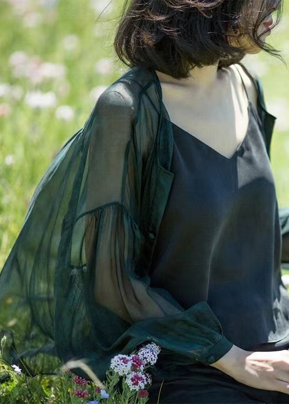 Loose Blackish Green Button Thin Silk Blouses Spring