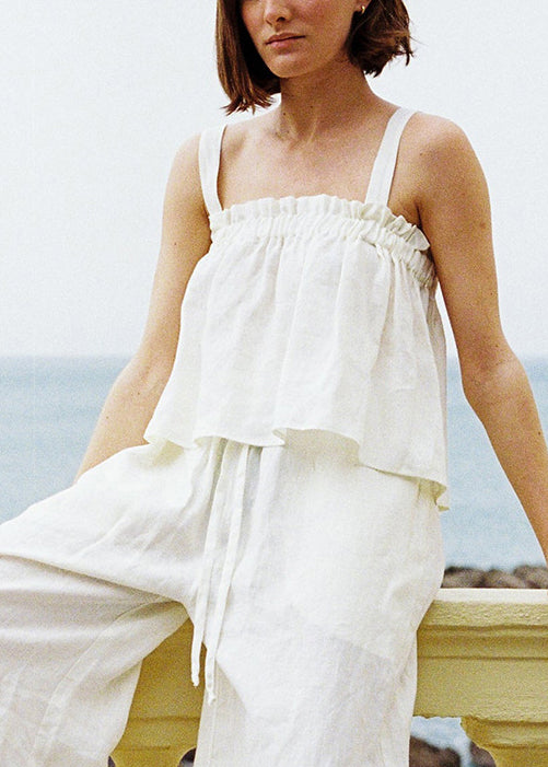 Unique Green Ruffled Linen Strap Top Sleeveless