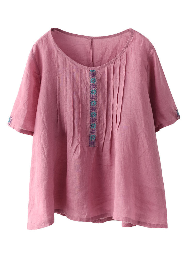 Rose Linen Tank Tops O-neck Wrinkled Short Sleeve