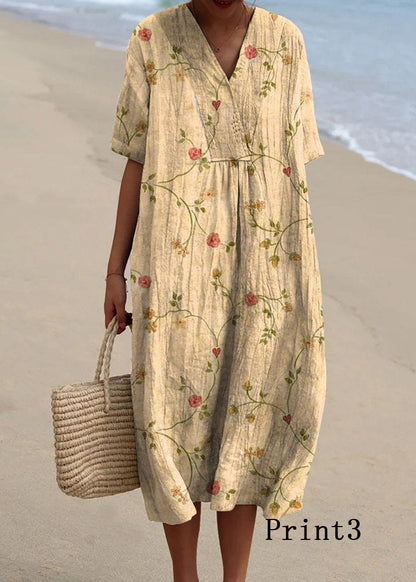 V Neck Print Loose Cotton Dress Summer
