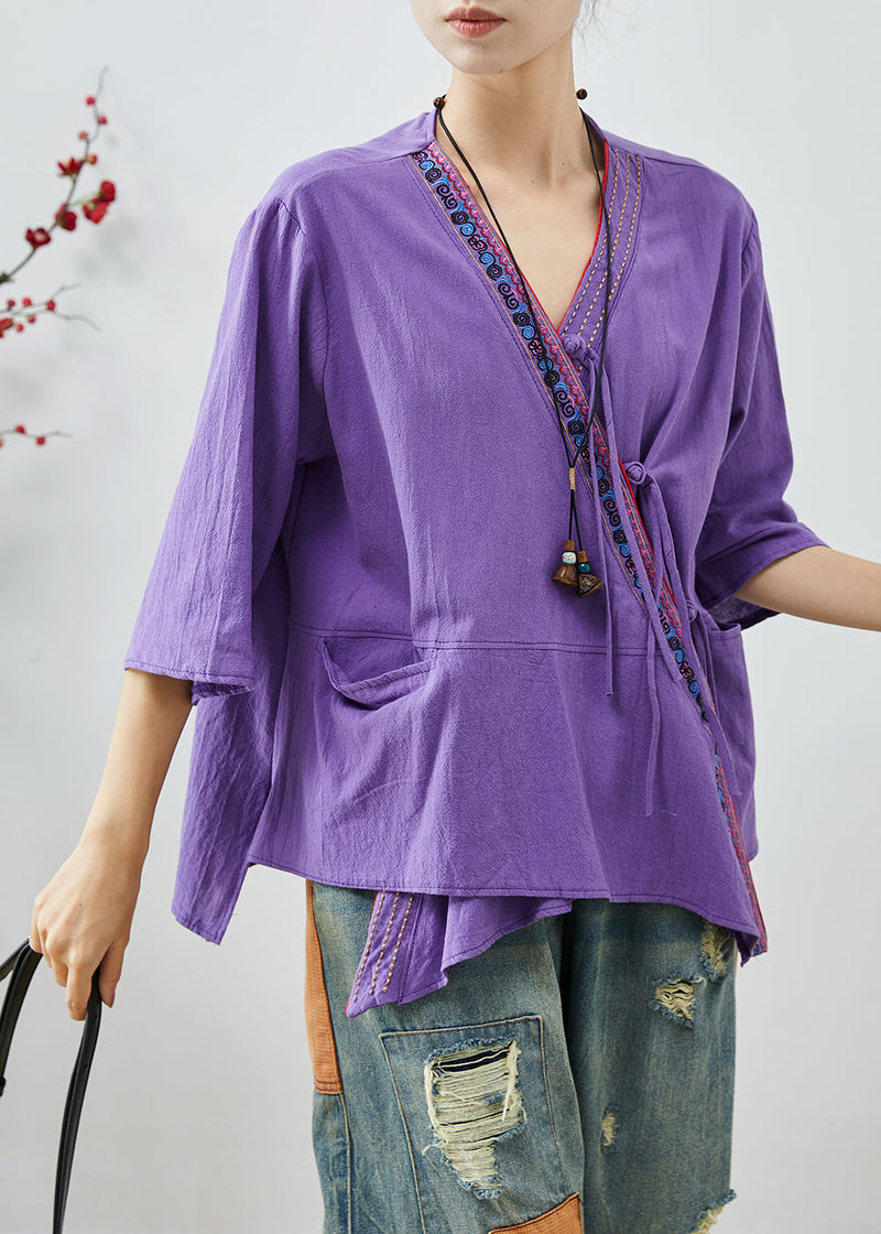 Purple Embroidered Patchwork Cotton Top Summer