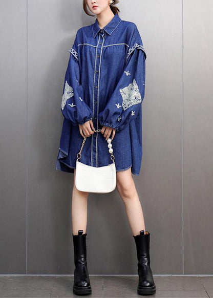 Blue Peter Pan Collar Embroidered Denin Long Shirts Lantern Sleeve
