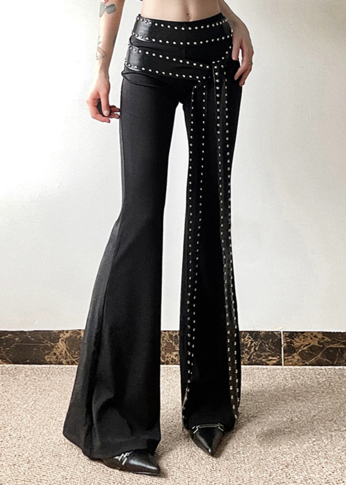 Stylish Black Asymmetrical Rivet Sashes Flared Pants Summer