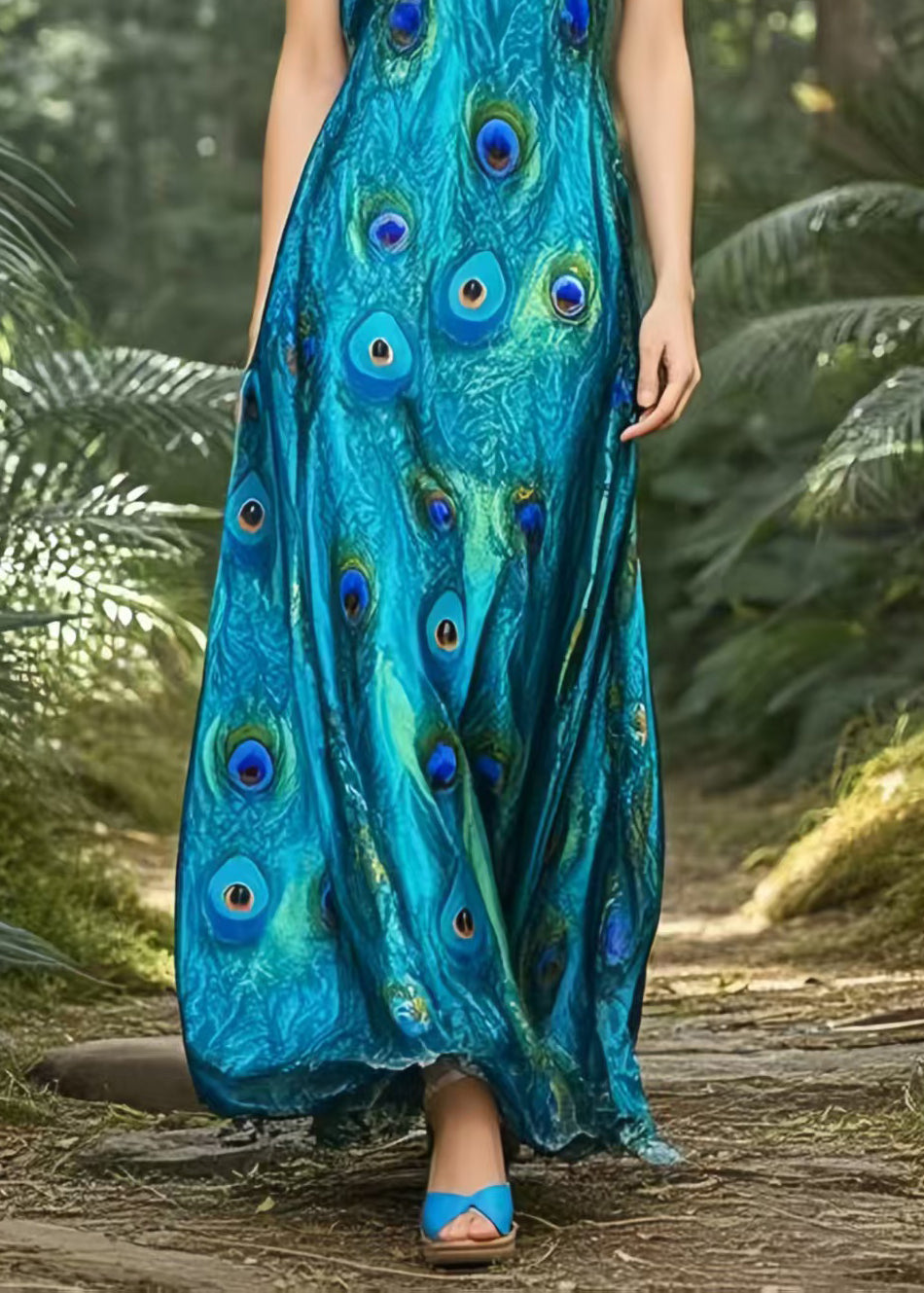 Peacock Blue Print Draping Silk Spaghetti Strap Dress Summer