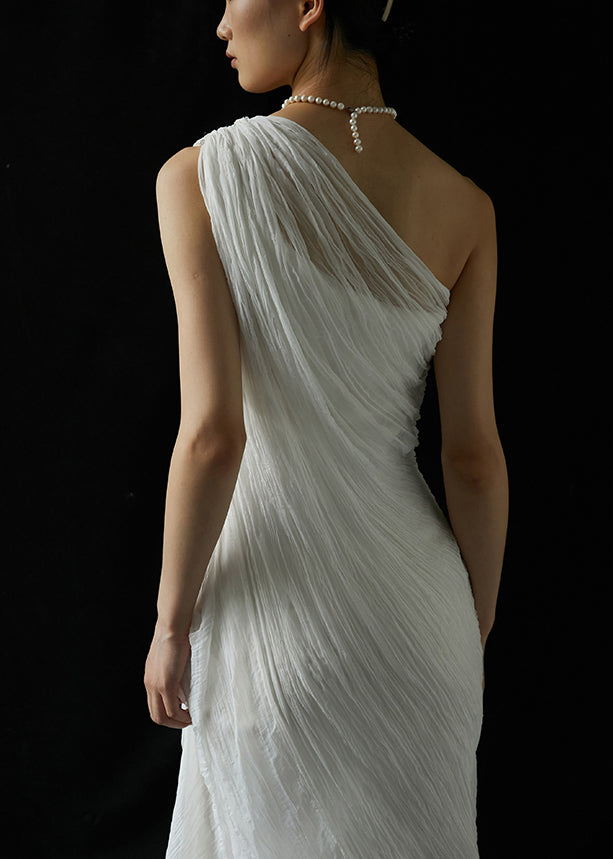 White One-shoulder Wrinkled Silk Long Dresses Summer