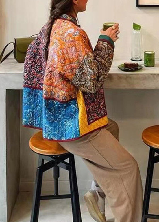Stand Collar Print Loose Fine Cotton Filled Jacket Spring