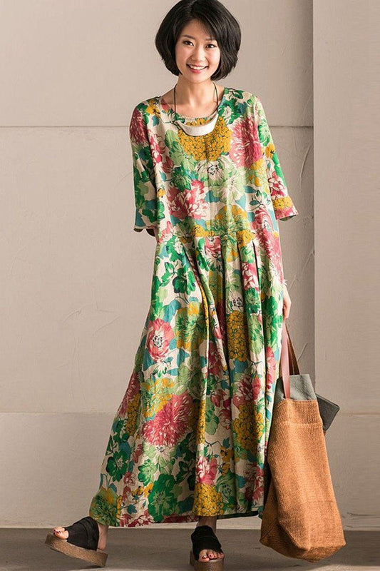 Retro Cotton Linen Flower Long Dress Summer Outfits