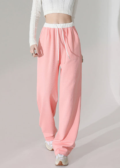 Pink Pockets Elastic Waist Cotton Straight Pants Spring